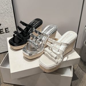 2026 New Wedge Slippers for Women Bowknot Silver Roman Sandals Platform Espadrille