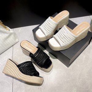 2026 Summer High Heel Platform Wedge Slippers for Women One-Strap Woven Mesh Outdoor Mule Shoes