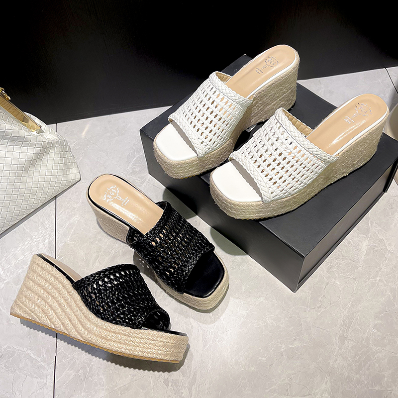 2026 Summer High Heel Platform Wedge Slippers for Women One-Strap Woven Mesh Outdoor Mule Shoes