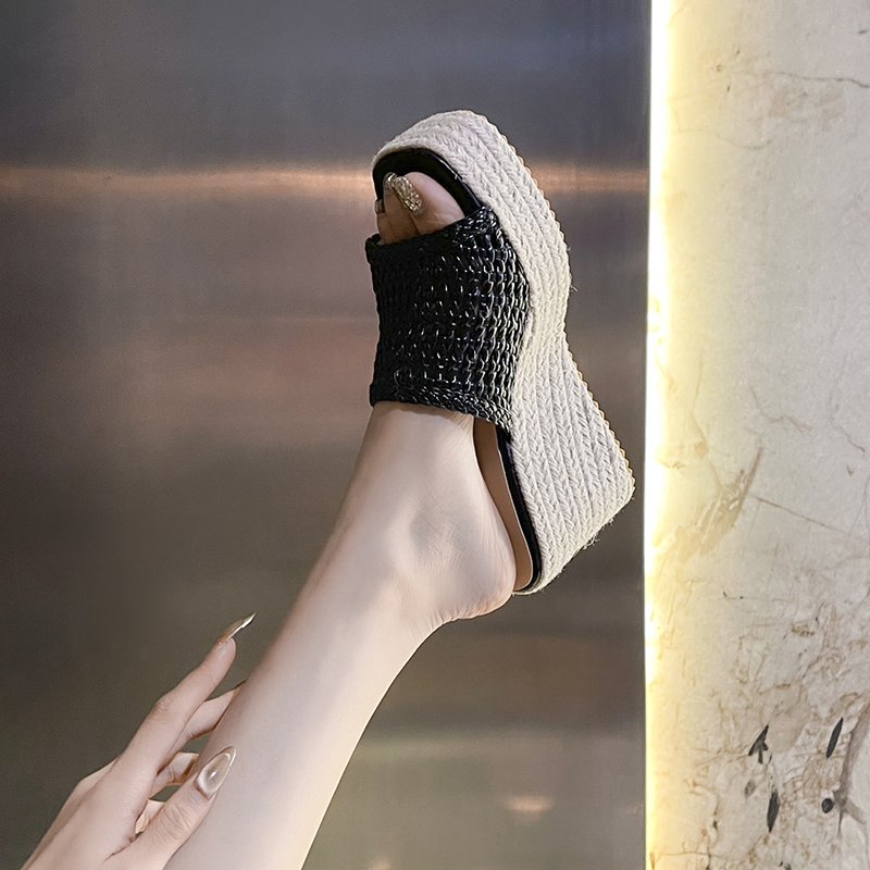 2026 Summer High Heel Platform Wedge Slippers for Women One-Strap Woven Mesh Outdoor Mule Shoes - Image 2