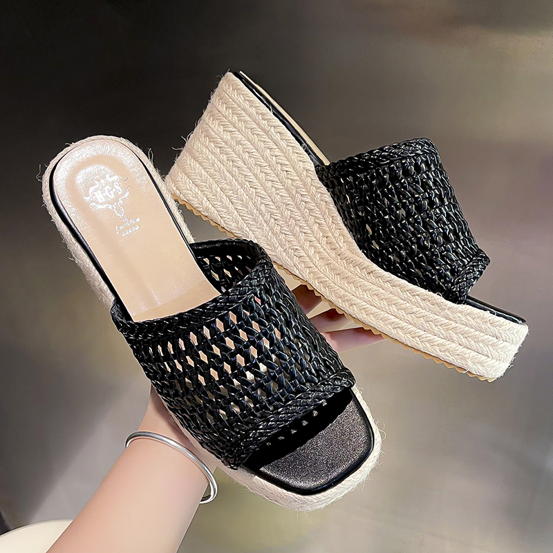 2026 Summer High Heel Platform Wedge Slippers for Women One-Strap Woven Mesh Outdoor Mule Shoes - Image 4