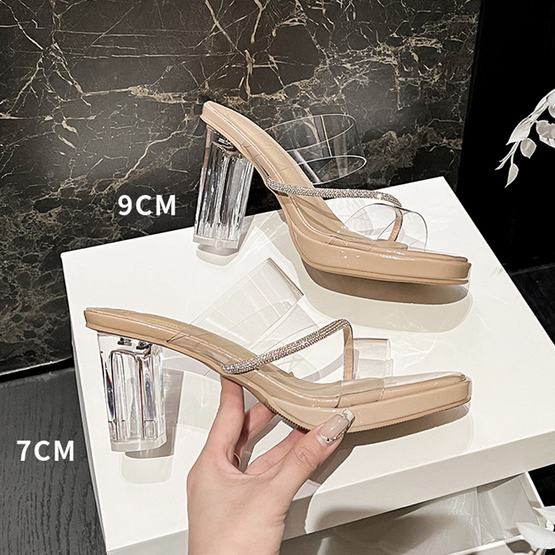 2026 Summer New Crystal High Heel Slippers Transparent Waterproof Platform Square Toe Rhinestone Women's Sandals