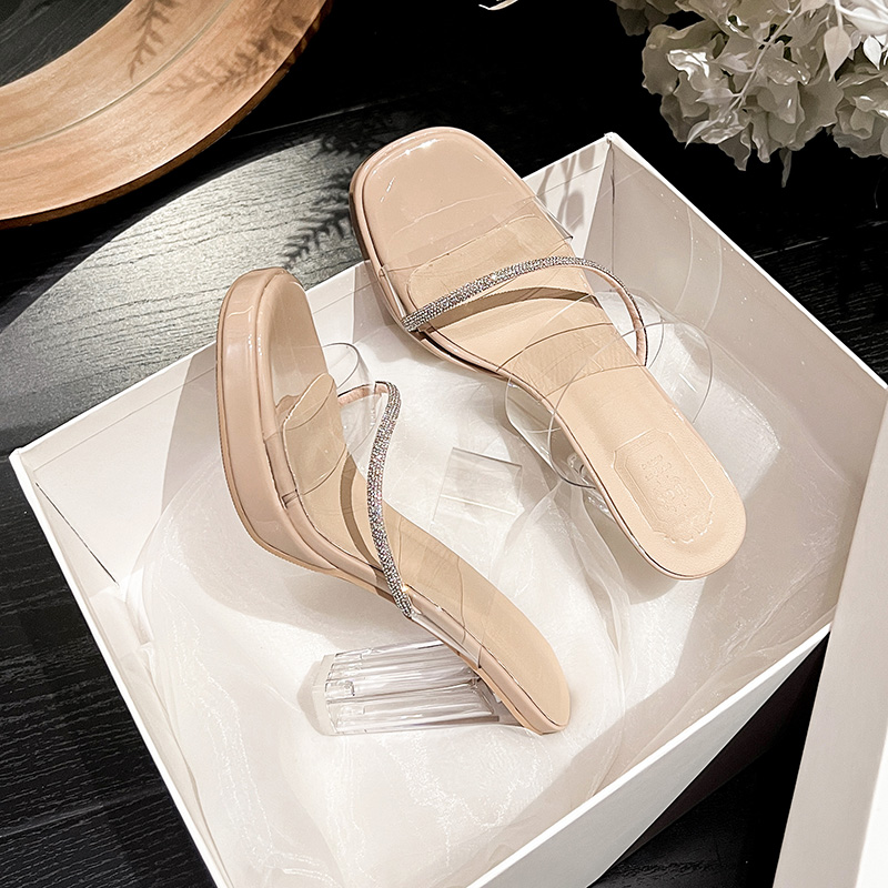 2026 Summer New Crystal High Heel Slippers Transparent Waterproof Platform Square Toe Rhinestone Women's Sandals - Image 4