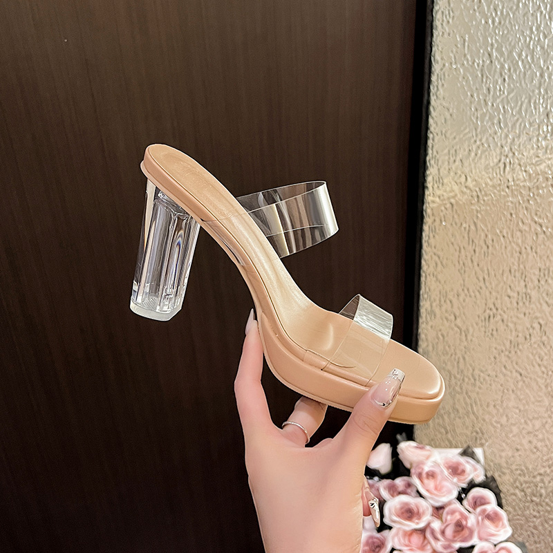 2026 Summer New Nude Transparent Crystal High Heel Sandals Women Chunky Heel Platform Thick Sole One-Strap Slippers - Image 4