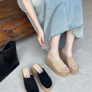 2026 Women's Thick Soled Wedge Slippers with Wood Grain Platform Open Toe High Heel Sandals