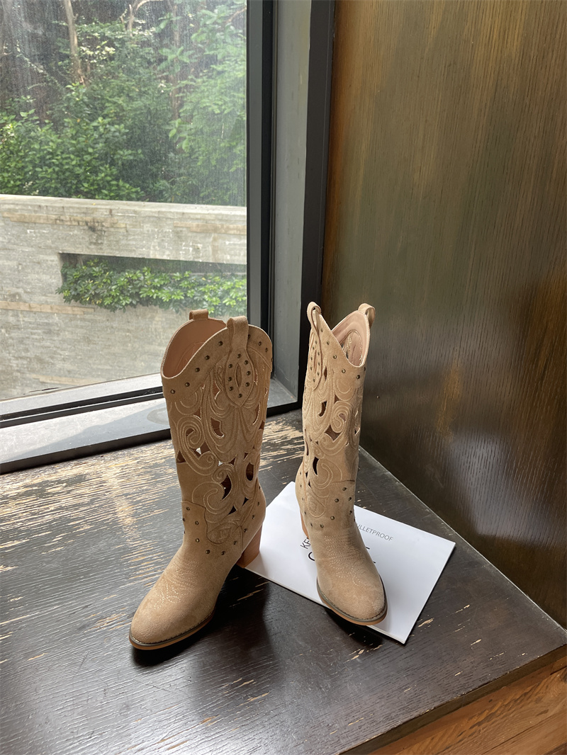 Cowhide Western Cowboy Boots for Women Summer Thin Breathable Chunky Heel Knight Boots Mid Calf - Image 4
