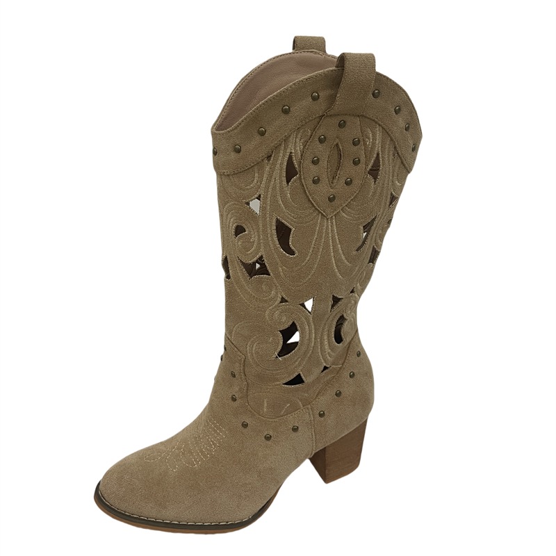 Cowhide Western Cowboy Boots for Women Summer Thin Breathable Chunky Heel Knight Boots Mid Calf - Image 5