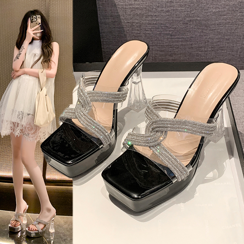 Crape Myrtle PVC Transparent Crystal Heel Thick Sole Sandals 2024 Summer New Square Toe Wedding Shoes Cross Rhinestone High Heels - Style 0f701b - Image 3