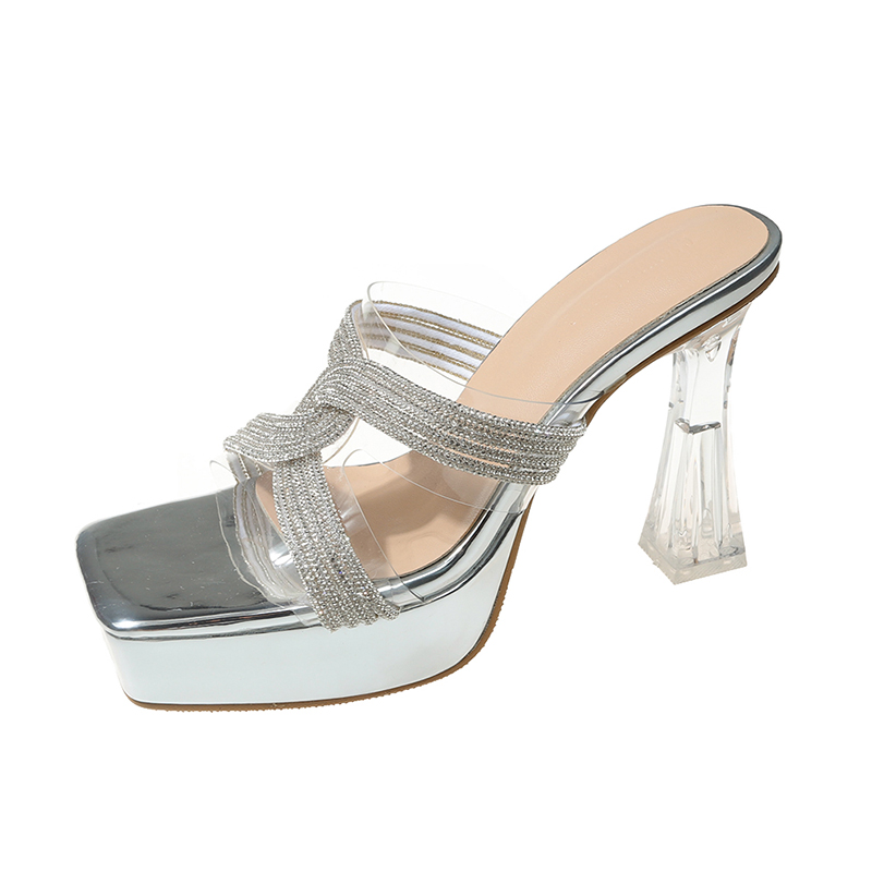 Crape Myrtle PVC Transparent Crystal Heel Thick Sole Sandals 2024 Summer New Square Toe Wedding Shoes Cross Rhinestone High Heels - Style 0f701b - Image 5