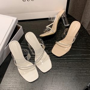 Crape Myrtle Women's Transparent High Heel Sandals 2025 New Summer Crystal French Style Strappy Rhinestone Open Toe Slippers