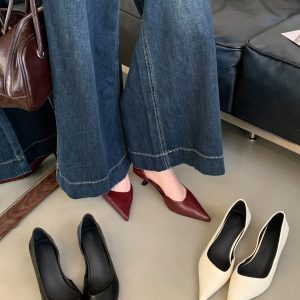 DIAIRIZ Women's Pointed Toe Mid Heel PU Slip-On Loafers - Retro Office Commuter Shoes