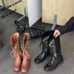 Genuine Leather 2026 New Embroidered Western Cowboy Boots Pointed Toe Chunky Heel Short Boots Women Ankle Boots