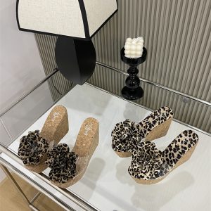 Sexy Wedge High Heel Shoes Platform Thick Sole Leopard Print Peep Toe Transparent Slippers Comfort Fashion Height Increasing Women