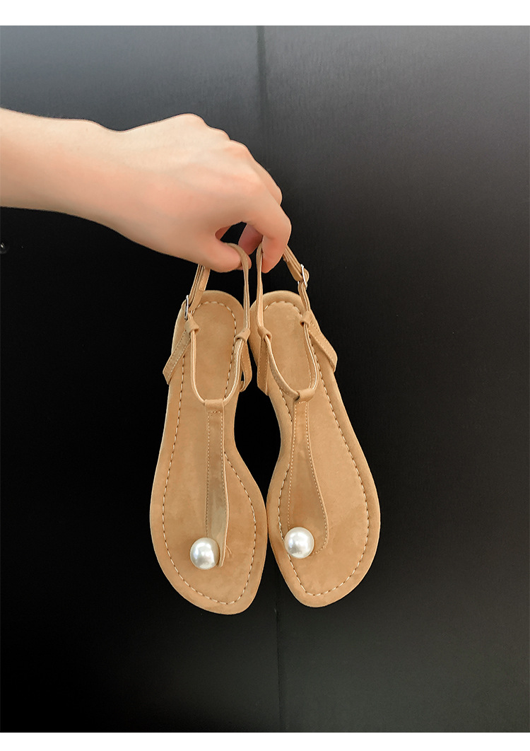 Versatile Elegant Australian White Pearl Minimalist Leather Toe T-Strap Flat Sandals Women 2024 Summer New - Image 2