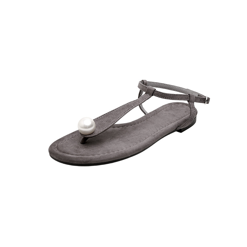 Versatile Elegant Australian White Pearl Minimalist Leather Toe T-Strap Flat Sandals Women 2024 Summer New - Image 5