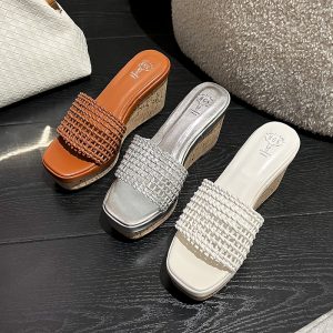 Vintage Woven Wedge Heel Slip-On Sandals for Women 2026 Summer Low Rise Open Toe