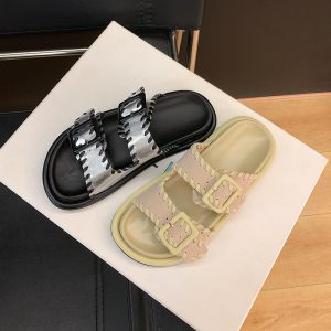 Women's Summer Leather-Look Buckle Strap Open Toe Flat Sandals with Thick Sole - Crape Myrtle