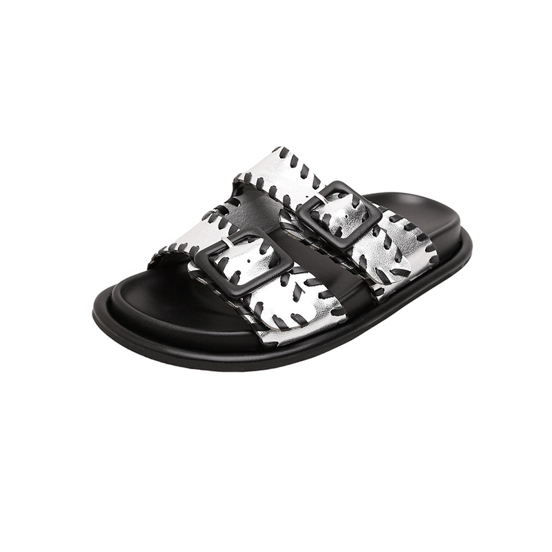Women's Summer Leather-Look Buckle Strap Open Toe Flat Sandals with Thick Sole - Crape Myrtle - Image 5