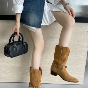 Wu Yanni Style Rivet Western Cowboy Boots for Women Pointed Toe Chunky Heel 2026 New V-Cut Embroidery Autumn Winter Mid Calf Boots