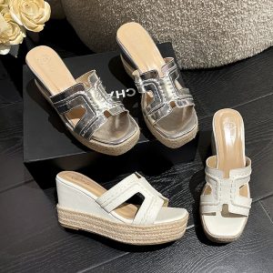 Zhao Lusi Same Style One-Strap Slippers Women 2026 Summer Woven Straw Wedge Thick Sole High Heel Sandals